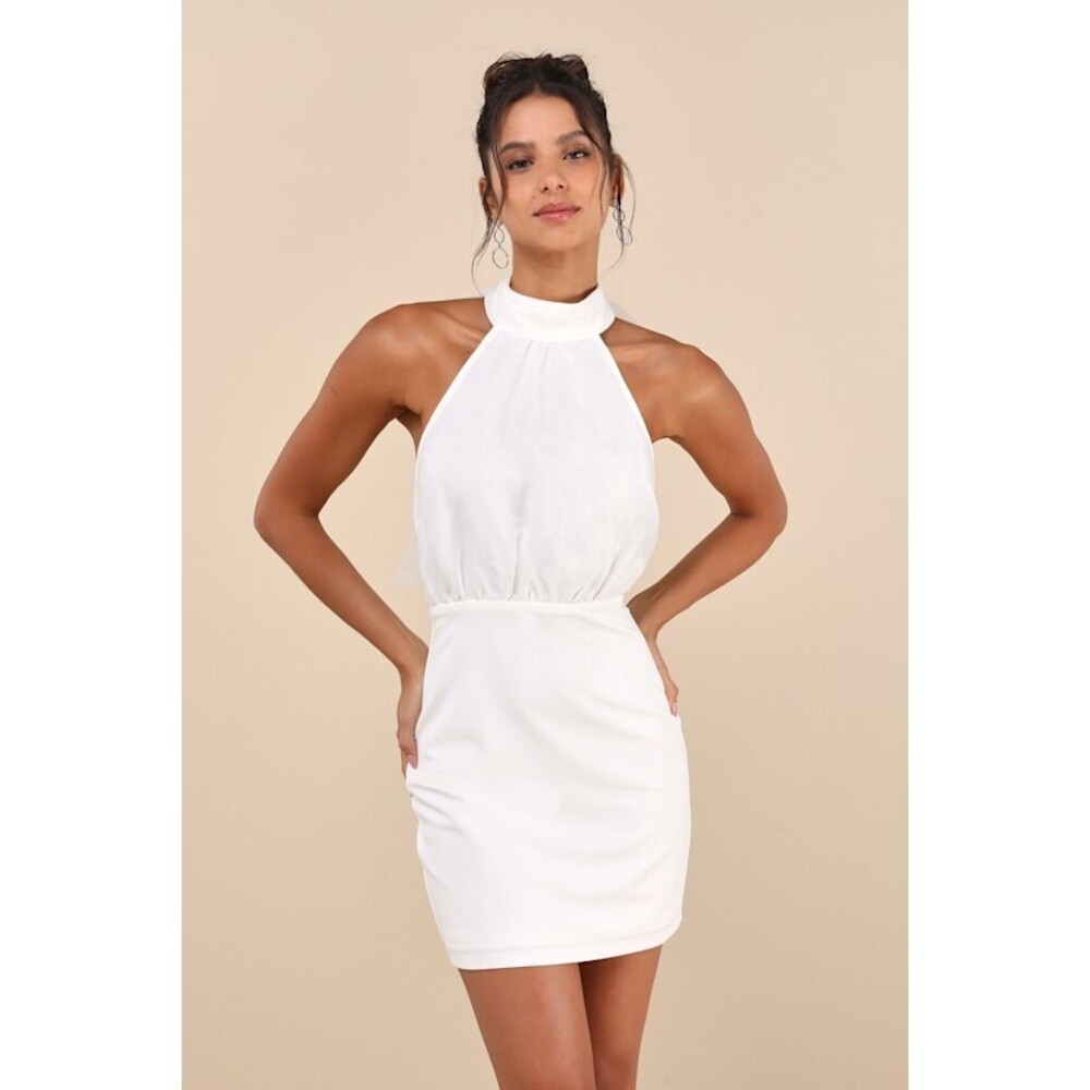 Lulus Simply Magnificent White Organza Halter Backless Mini Dress - Size L